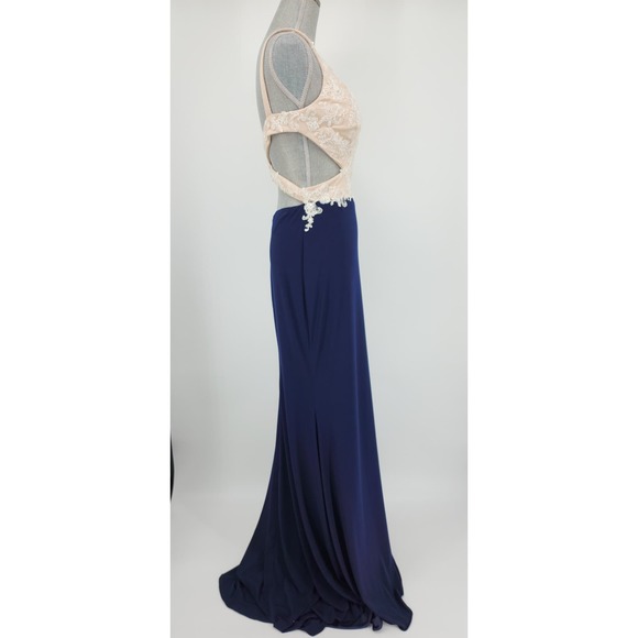 Nina Canacci Formal Evening Dress 10 Embellished Beaded Cut Out Navy‎ Blue Cream - Picture 5 of 15
